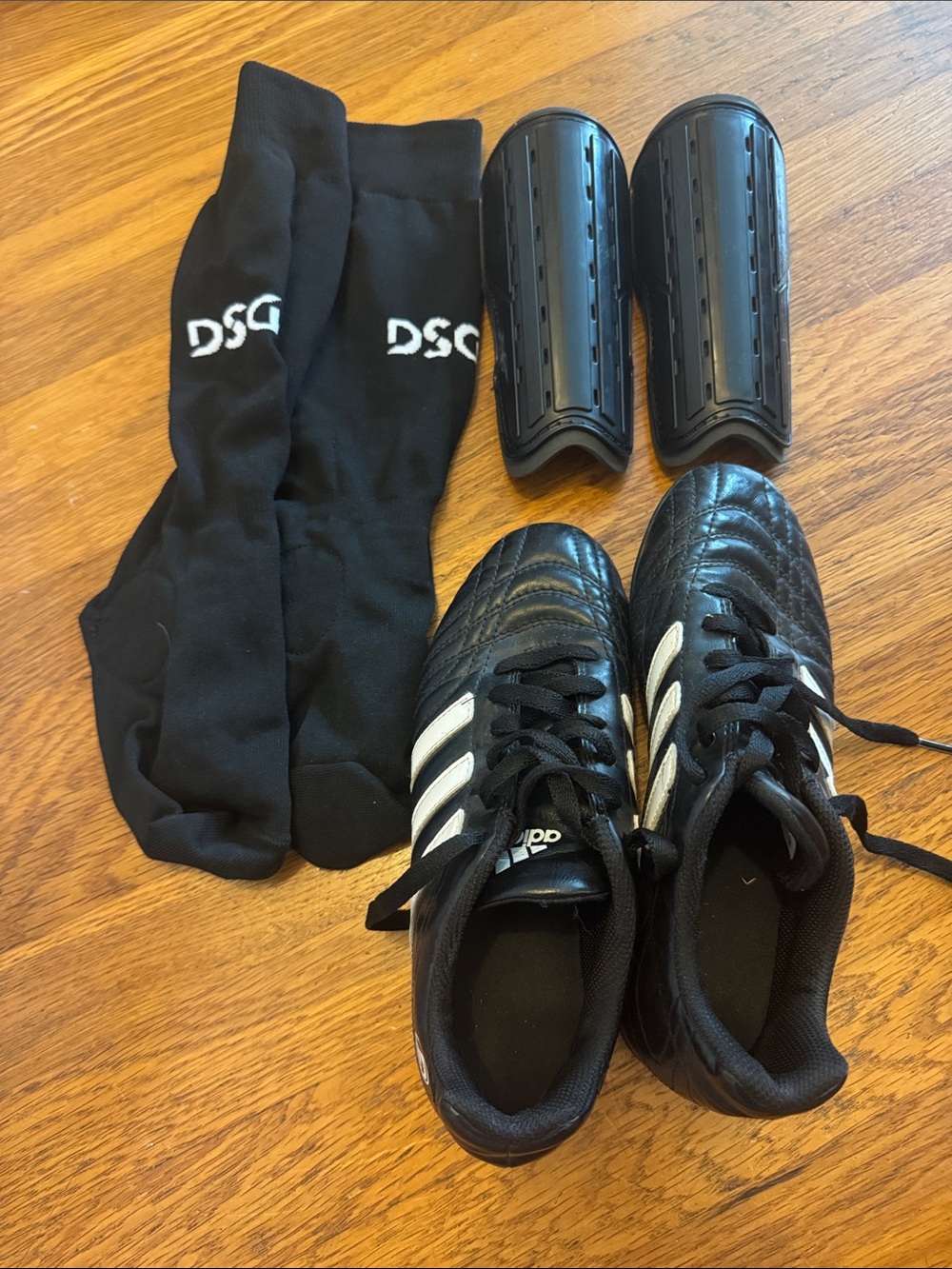 adidas Black and White Kids Soccer Cleats with DSG Socks and Shin Guards